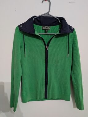 L. RL Lauren Ralph Lauren Green Ribbed Zip-Up Sweater with Navy Collar